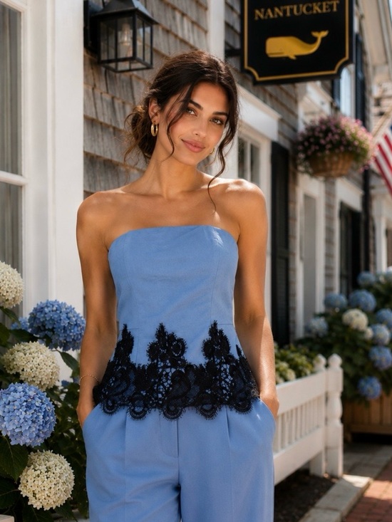 Commense Tops - Commense Strapless Light Blue Top with Black Lace Trim